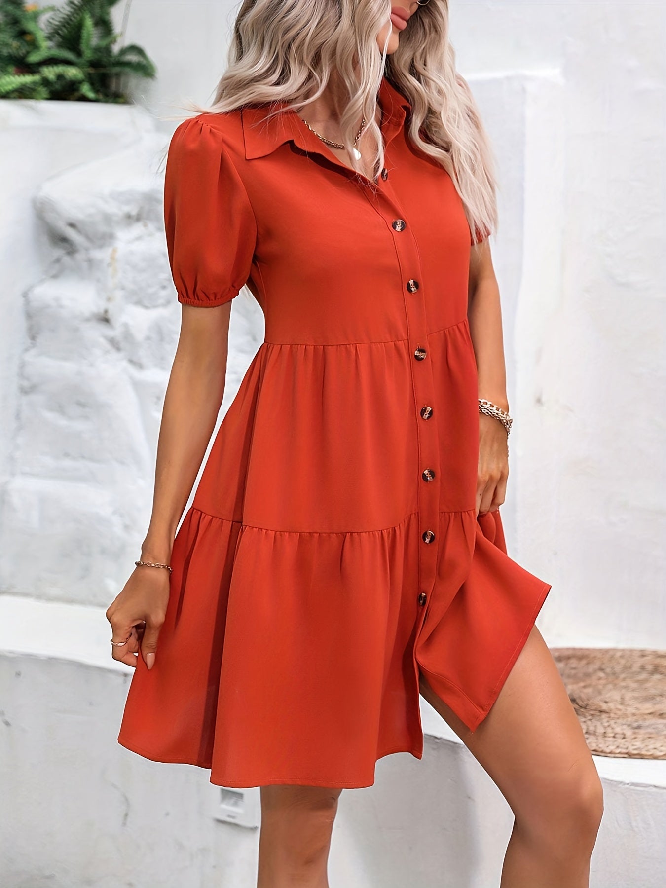 Antmvs Button Front Ruched Dress, Casual Short Sleeve Mini Dress With A Collar, Women's Clothing