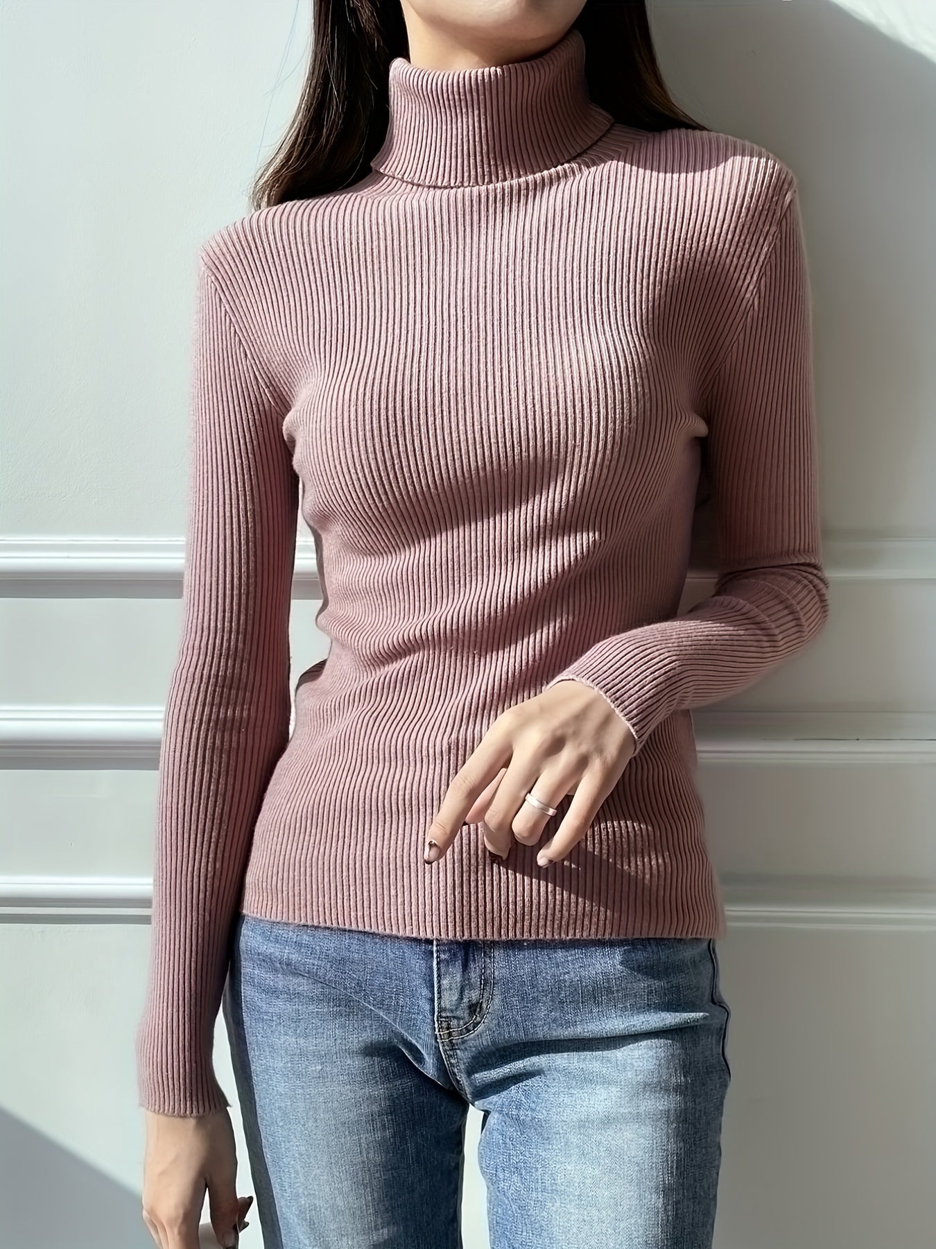 Antmvs Women's Sweater Turtleneck Solid Ribbed Long Sleeve Slim Pullover Knit Tops