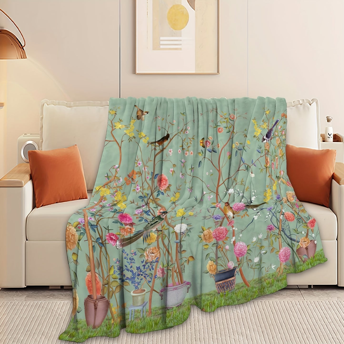 1pc Cozy Floral Bird Print Flannel Blanket - Soft, Warm, Comfortable, Versatile Throw for All Seasons, Home, Office, Travel, Bed - Perfect for Snuggling Up Indoors or Outdoors