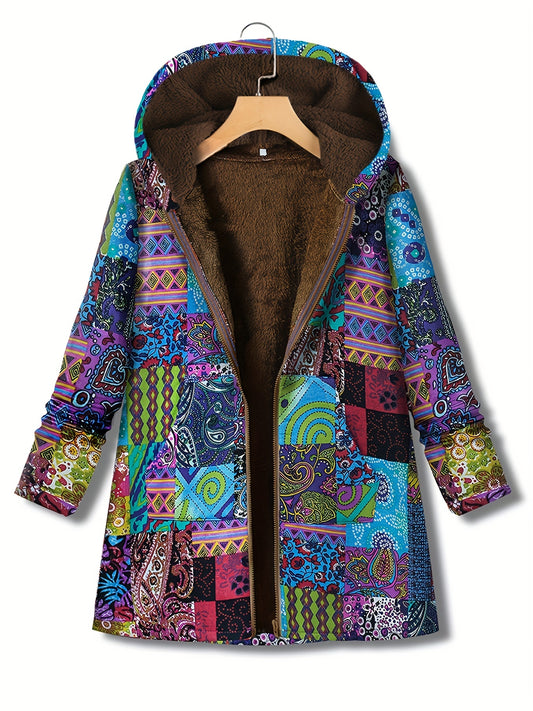 Antmvs Plus Size Boho Coat, Women's Plus Paisley & Geometric Print Long Sleeve Zip Up Plush Hoodie Coat