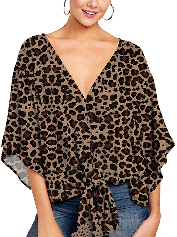 Antmvs Leopard Knot Loose Half Sleeves V-Neck Blouses&Shirts Tops