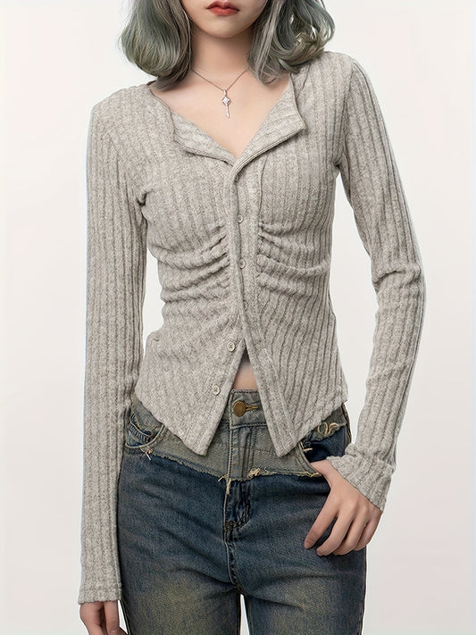 Antmvs Long Sleeve Ribbed T-Shirt, Casual Button Up Top For Spring & Fall, Women's Clothing