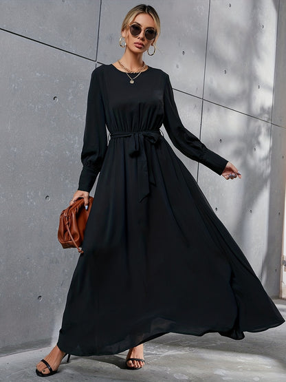 Antmvs Solid Simple Dress, Elegant Crew Neck Long Sleeve Maxi Dress, Women's Clothing