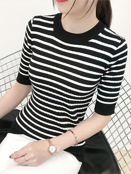 Antmvs Striped Print Knit Sweater, Casual Crew Neck Half Sleeve Ribbed Sweater, Women's Clothing
