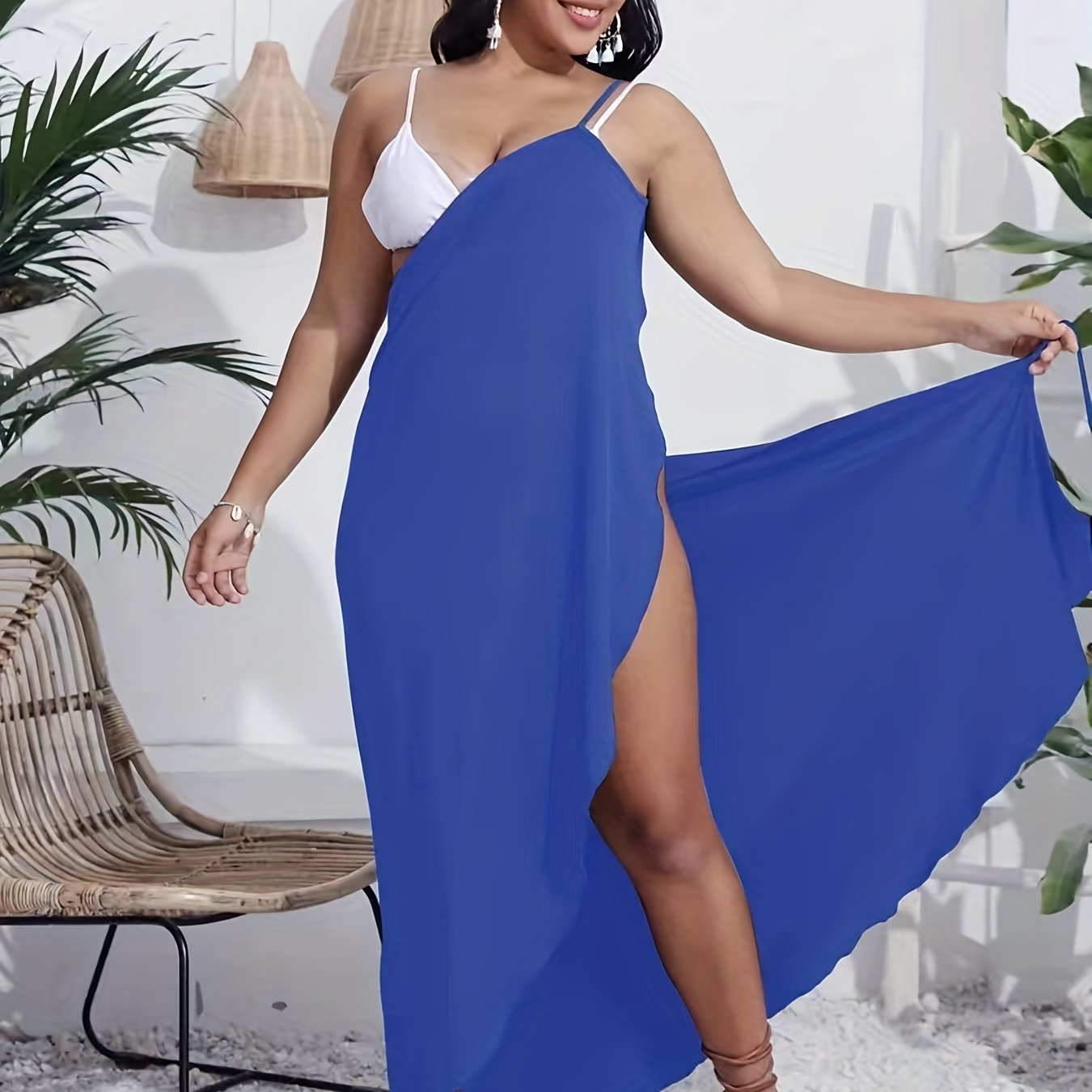 Antmvs Plus Size Sexy Wrap Dress, Women's Plus High Split Solid Medium Stretch Cami Maxi Dress