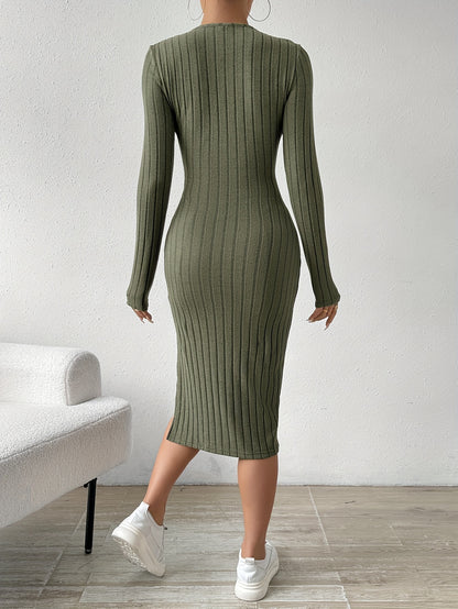 Antmvs Ribbed Solid Split Dress, Casual Crew Neck Long Sleeve Dress, Women's Clothing