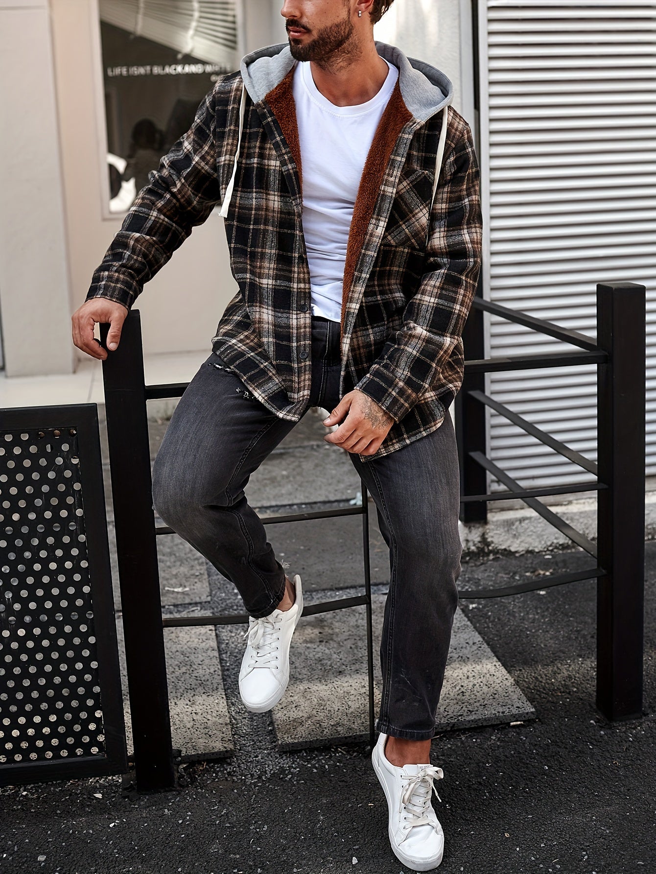 Plus Size Casual Button-Down Shirts - Stylish Hooded Plaid Pattern Shirt Jacket with Drawstring and Adjustable Hem - Fall/Winter Fashion Essential for Men