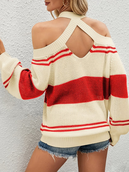 Antmvs Plus Size Casual Sweater, Women's Plus Colorblock Stripe Print Cold Shoulder Long Sleeve Round Neck Jumper