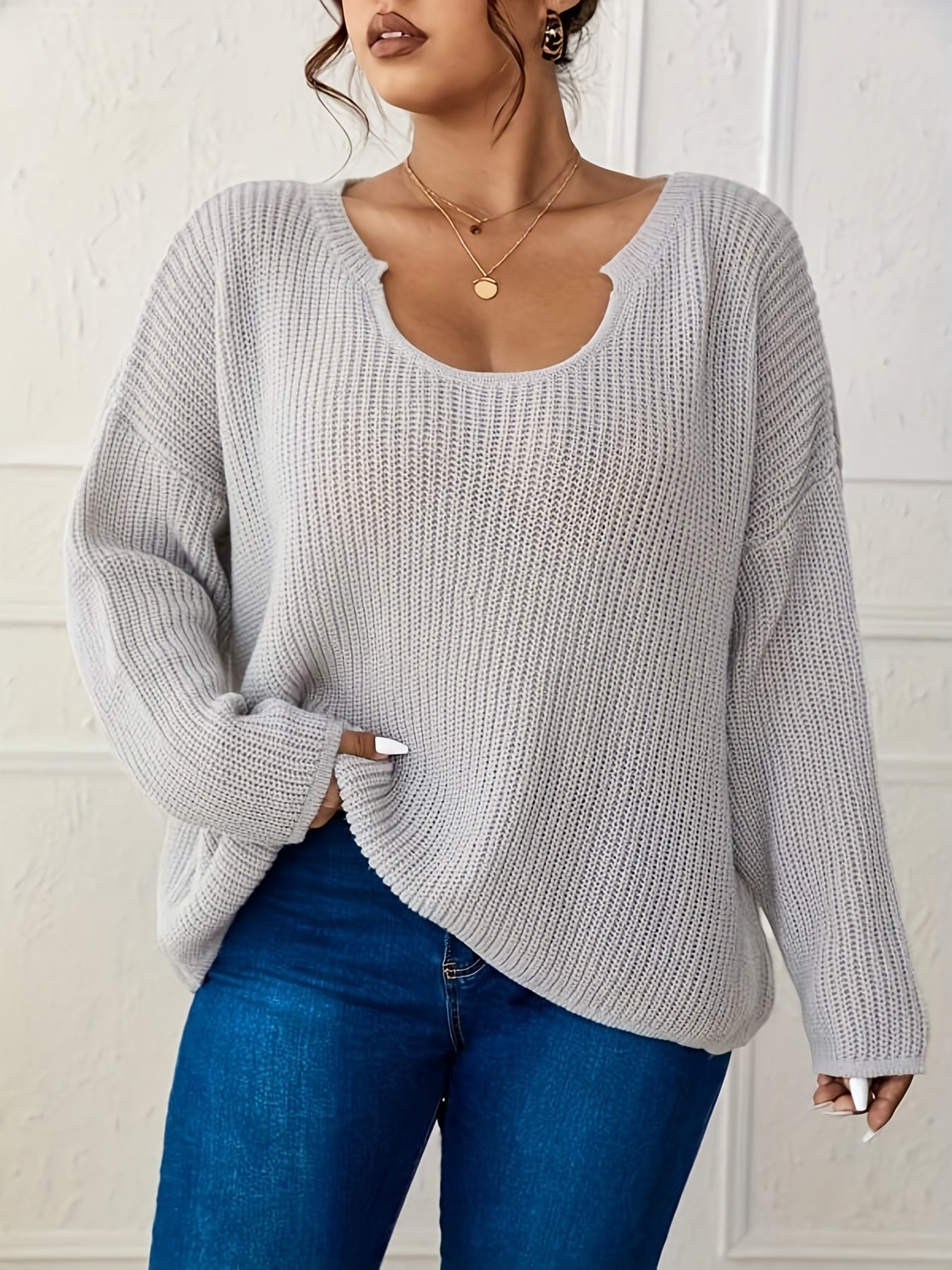 Antmvs Plus Size Casual Knit Top, Women's Plus Notched Neck Long Sleeve Drop Shoulder Slight Stretch Pullover Top