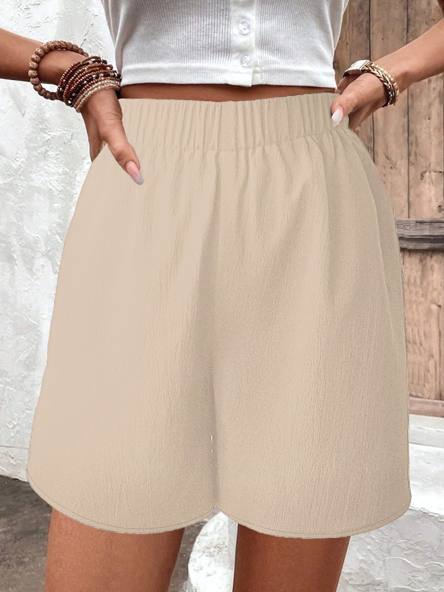 Antmvs Solid Elastic Waist Shorts, Casual Wide Leg Versatile Shorts, Women's Clothing