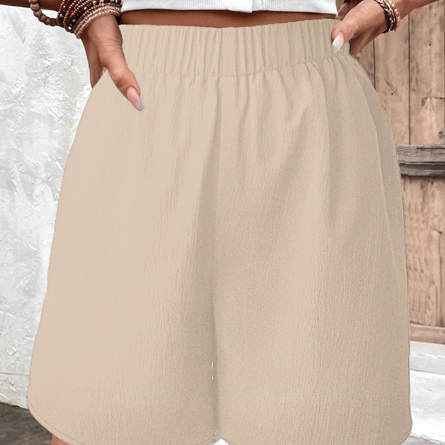 Antmvs Solid Elastic Waist Shorts, Casual Wide Leg Versatile Shorts, Women's Clothing