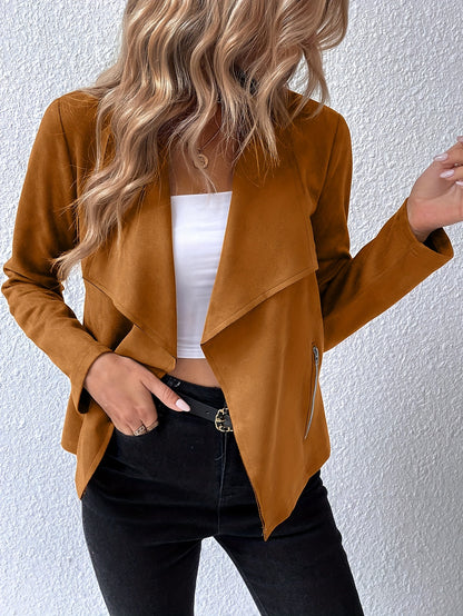 Antmvs Solid Open Front Lapel Jacket, Elegant Long Sleeve Jacket For Spring & Fall, Women's Clothing