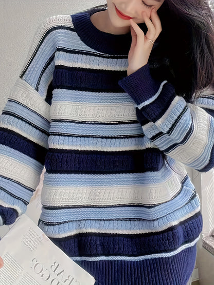 Antmvs Color Block Knitted Pullover Sweater, Casual Long Sleeve Sweater For Fall & Winter, Women's Clothing