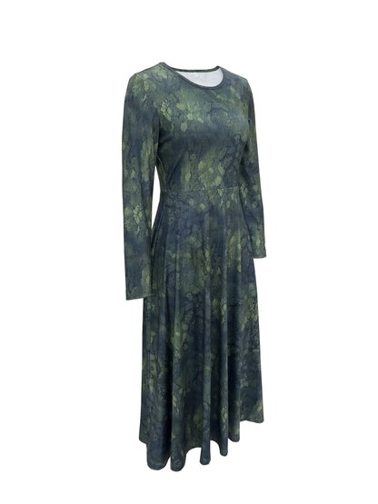 Antmvs Floral Print Crew Neck Dress, Elegant Long Sleeve Dress, Women's Clothing