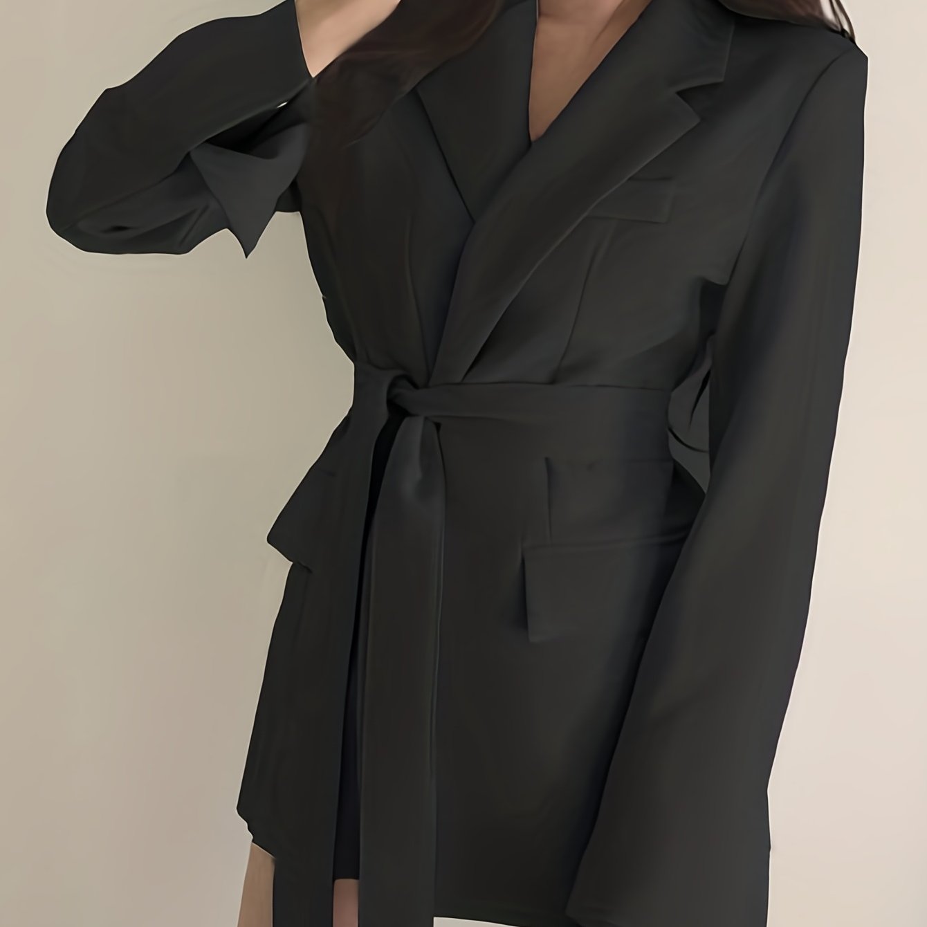 Antmvs Solid Tie-waist Lapel Blazer, Elegant Long Sleeve Outerwear For Work & Office, Women's Clothing