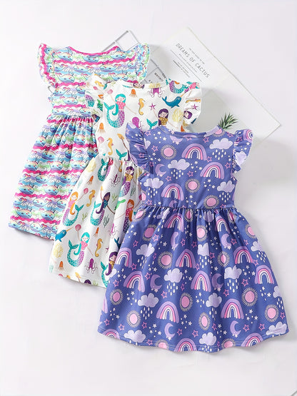 3 Packs Girls Mermaid & Whales & Rainbow Pattern Frill Sleeve Comfy Casual Dresses - Soft Slight Stretch Polyester Fabric, A-Line Fit, Perfect for Summer Holiday Gift