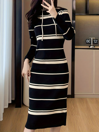 Antmvs Striped Pattern Drawstring Dress, Casual Hooded Bodycon Midi Dress, Women's Clothing