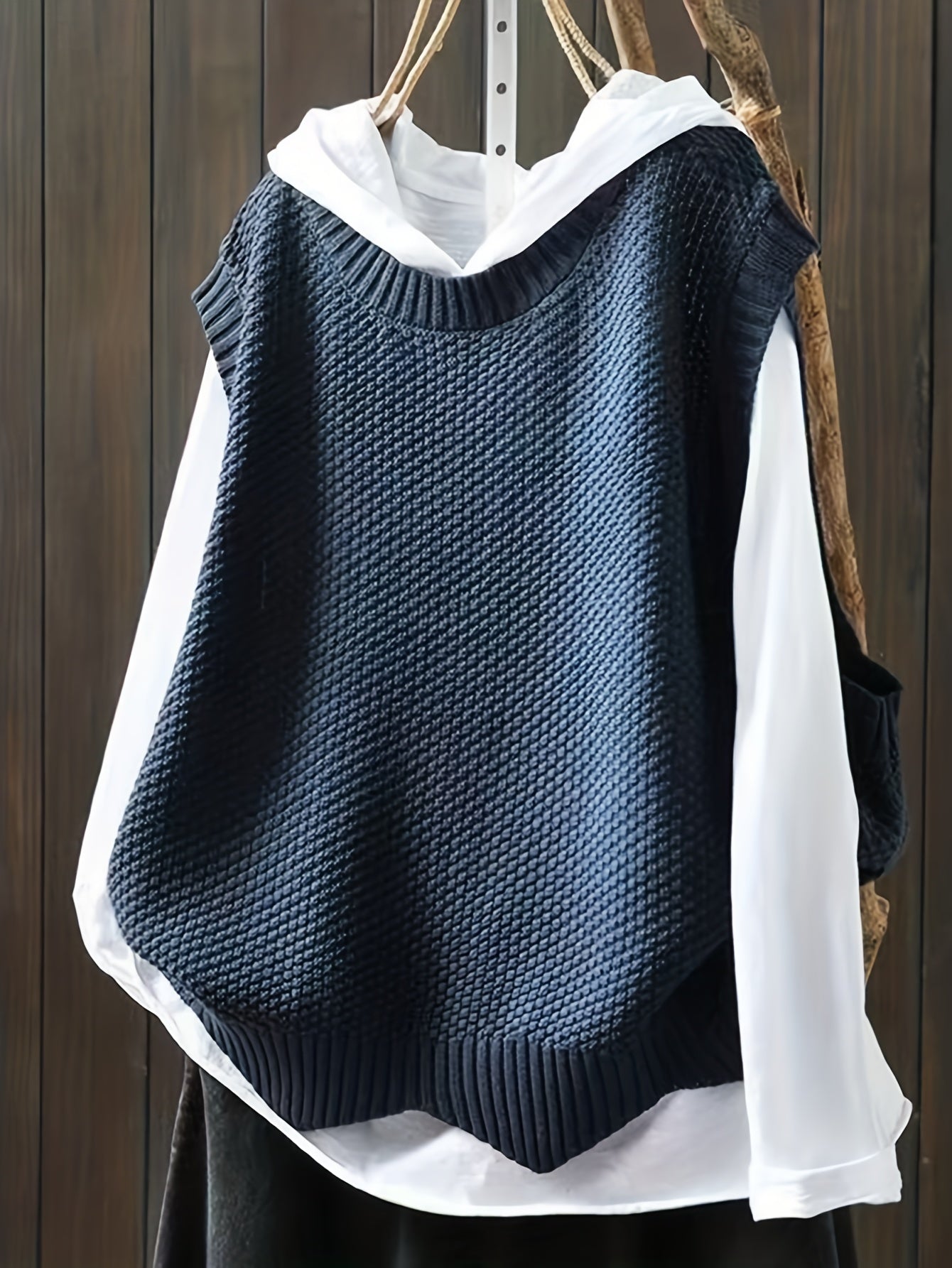 Antmvs Solid Crew Neck Knitted Vest, Casual Sleeveless Loose Sweater, Women's Clothing