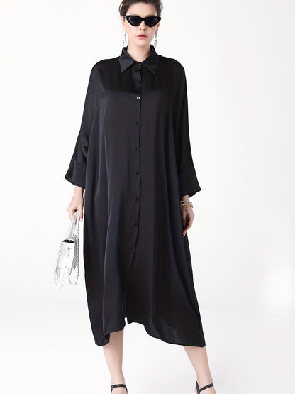 Antmvs Plus Size Casual Dress, Women's Plus Satin Solid Button Up Bat Sleeve Turn Down Collar Oversized Shirt Dress