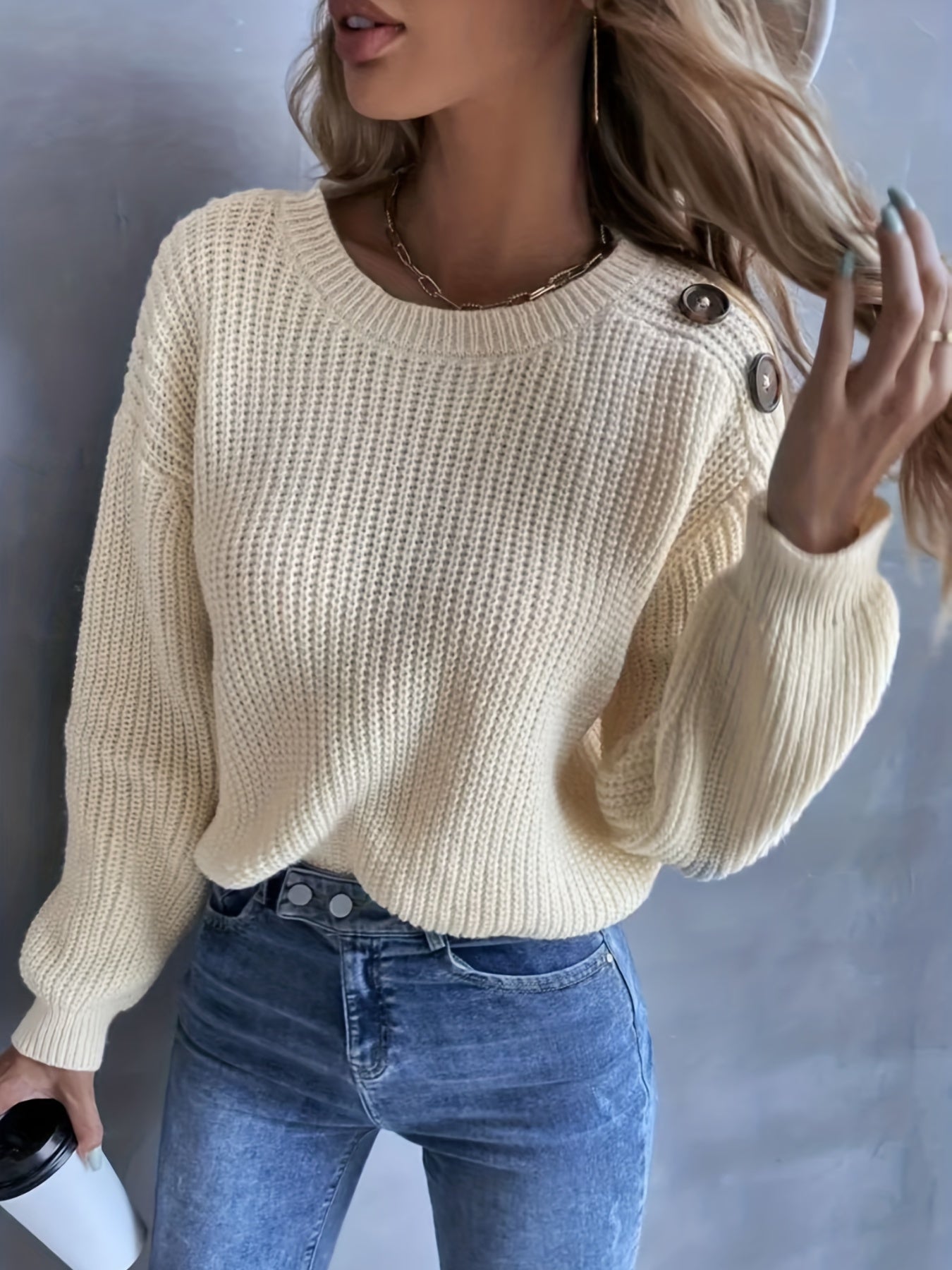 Antmvs Drop Shoulder Button Decor Sweater, Casual Long Sleeve Sweater For Fall & Winter, Women's Clothing