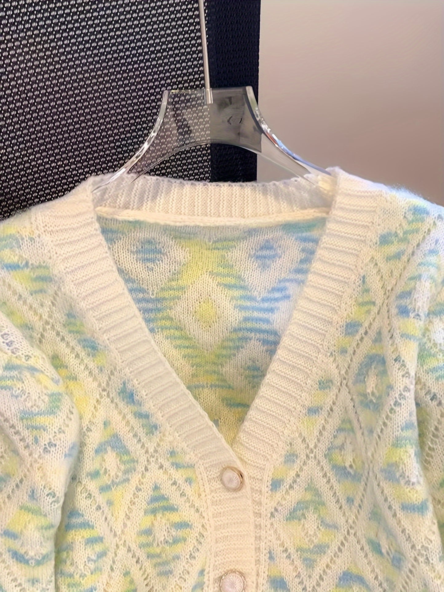 Antmvs Argyle Pattern Button Down Knit Cardigan, Elegant V Neck Long Sleeve Sweater, Women's Clothing
