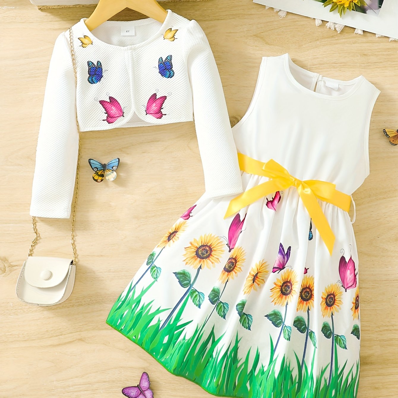 2pcs Little Girl Butterfly Dresses Outfit Floral Tank Dress And Graphic Cardigan Top Set, For Cute And Casual Look, Kids Clothing Gift