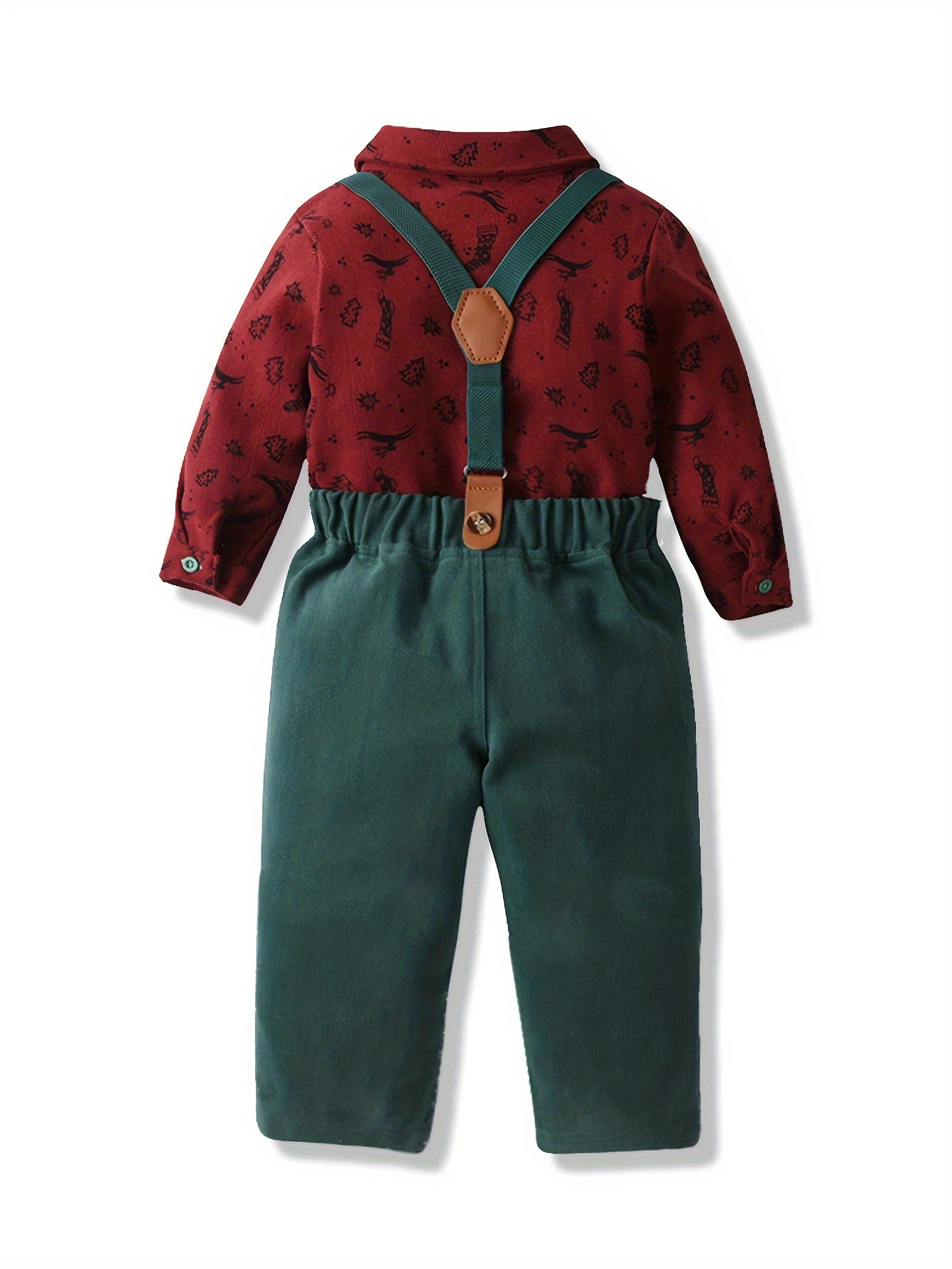 2pcs Boy's Gentleman Outfit, Trendy Bowtie Shirt & Overalls Set for Christmas Style Formal Wear