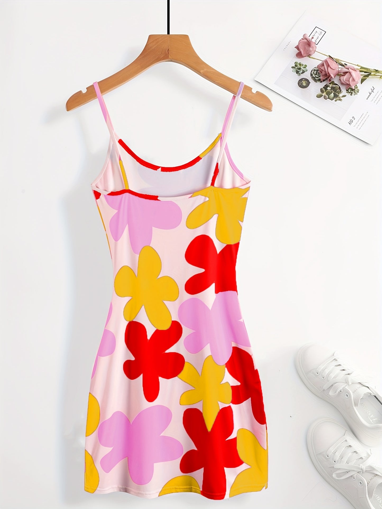 Antmvs Floral Print Bodycon Cami Dress, Sexy Backless Spaghetti Dress, Women's Clothing