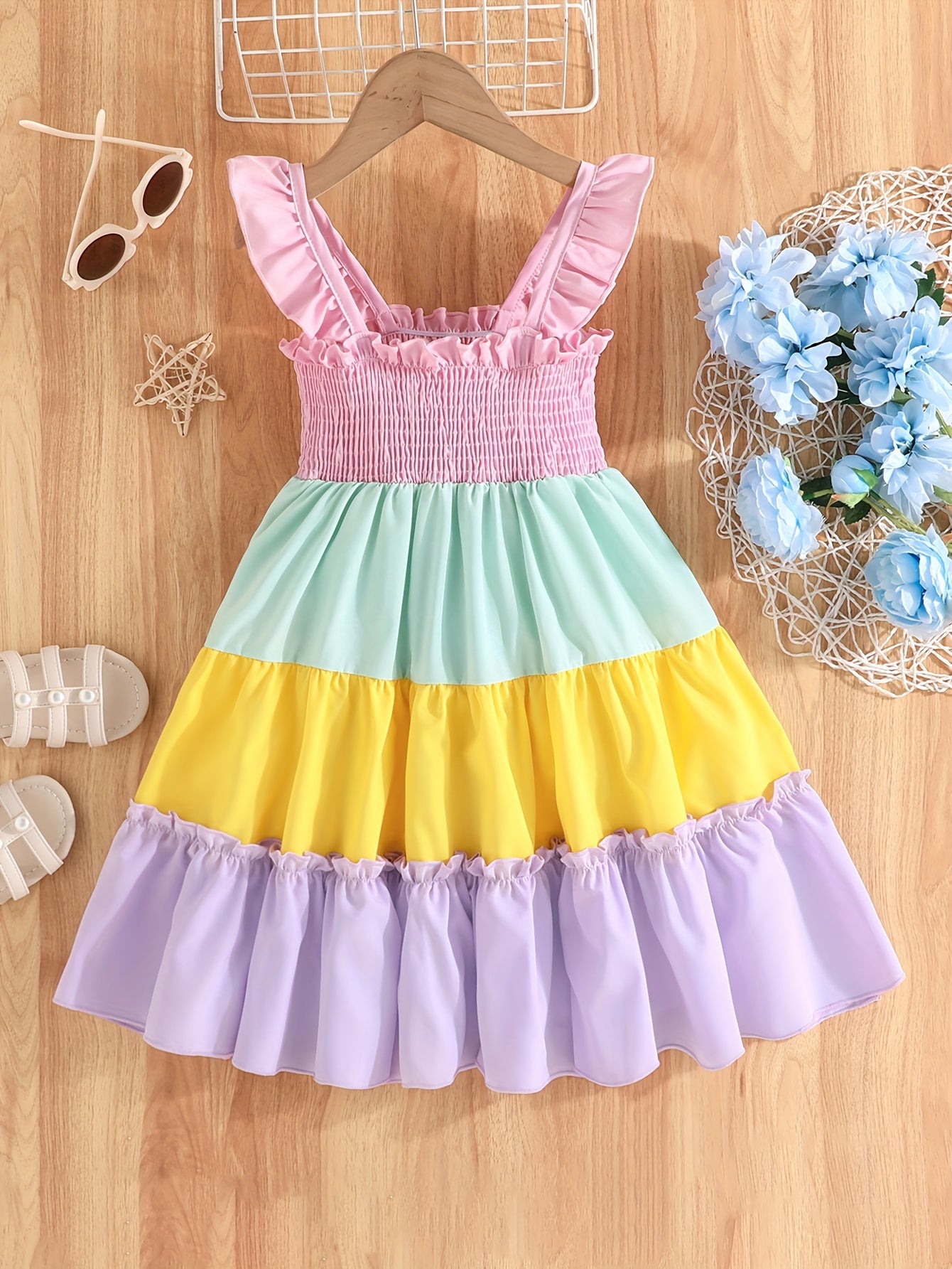 Adorable Girls Rainbow Splicing suspender Dress - Colorful & Playful Design - Perfect for Little Fashionistas - Comfortable Everyday Wear