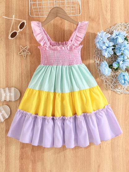 Adorable Girls Rainbow Splicing suspender Dress - Colorful & Playful Design - Perfect for Little Fashionistas - Comfortable Everyday Wear