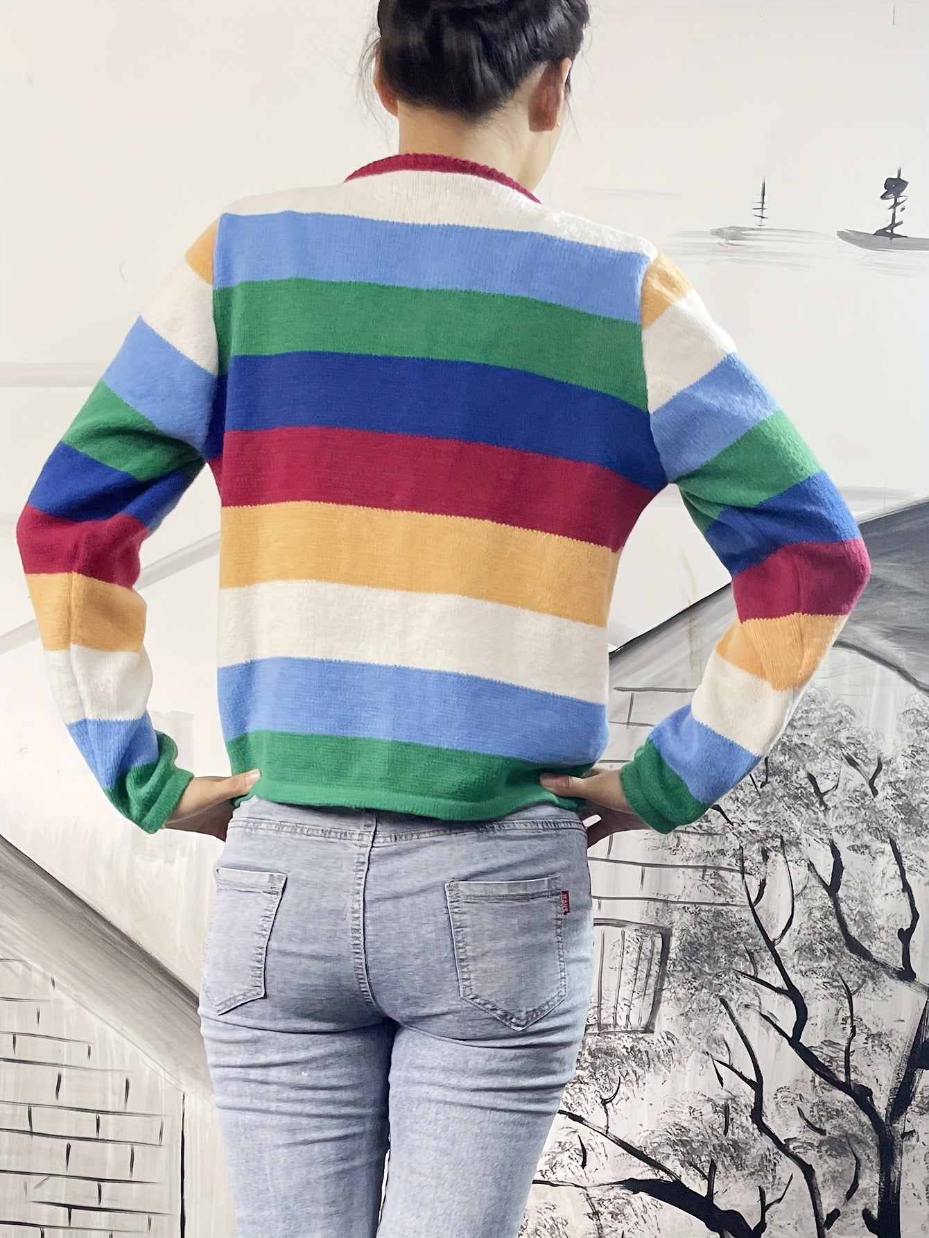 Antmvs Rainbow Striped Button Up Knit Cardigan, Boho Crew Neck Long Sleeve Sweater, Women's Clothing