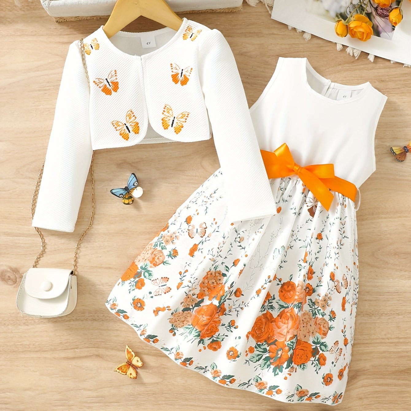 2pcs Little Girl Butterfly Dresses Outfit Floral Tank Dress And Graphic Cardigan Top Set, For Cute And Casual Look, Kids Clothing Gift