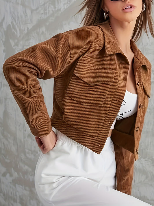 Antmvs Corduroy Button Front Jacket, Casual Long Sleeve Outwear For Fall & Winter, Women's Clothing