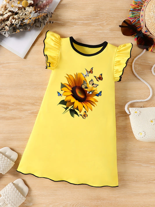 Sunflower & Butterfly Print Dress - Vibrant Sleeveless Crew Neck Ruffle Trim Cotton Dress for Summer, Perfect for Little Girls, Ideal Gift for Birthdays and Holidays, Part of Girls Casual Daily Wear Collection