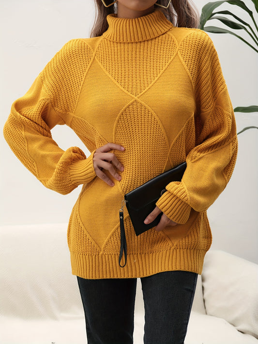 Antmvs Solid Turtleneck Pullover Sweater, Elegant Long Sleeve Drop Shoulder Sweater, Women's Clothing