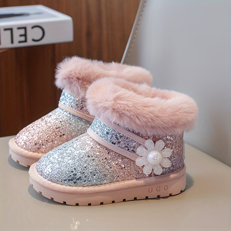 Vibrant Sequin Flower Furry Snow Boots for Girls - Warm, Non-slip, Wear-resistant, Plus Fleece Lined, Comfortable, and Stylish Winter Boots for Autumn and Winter Season