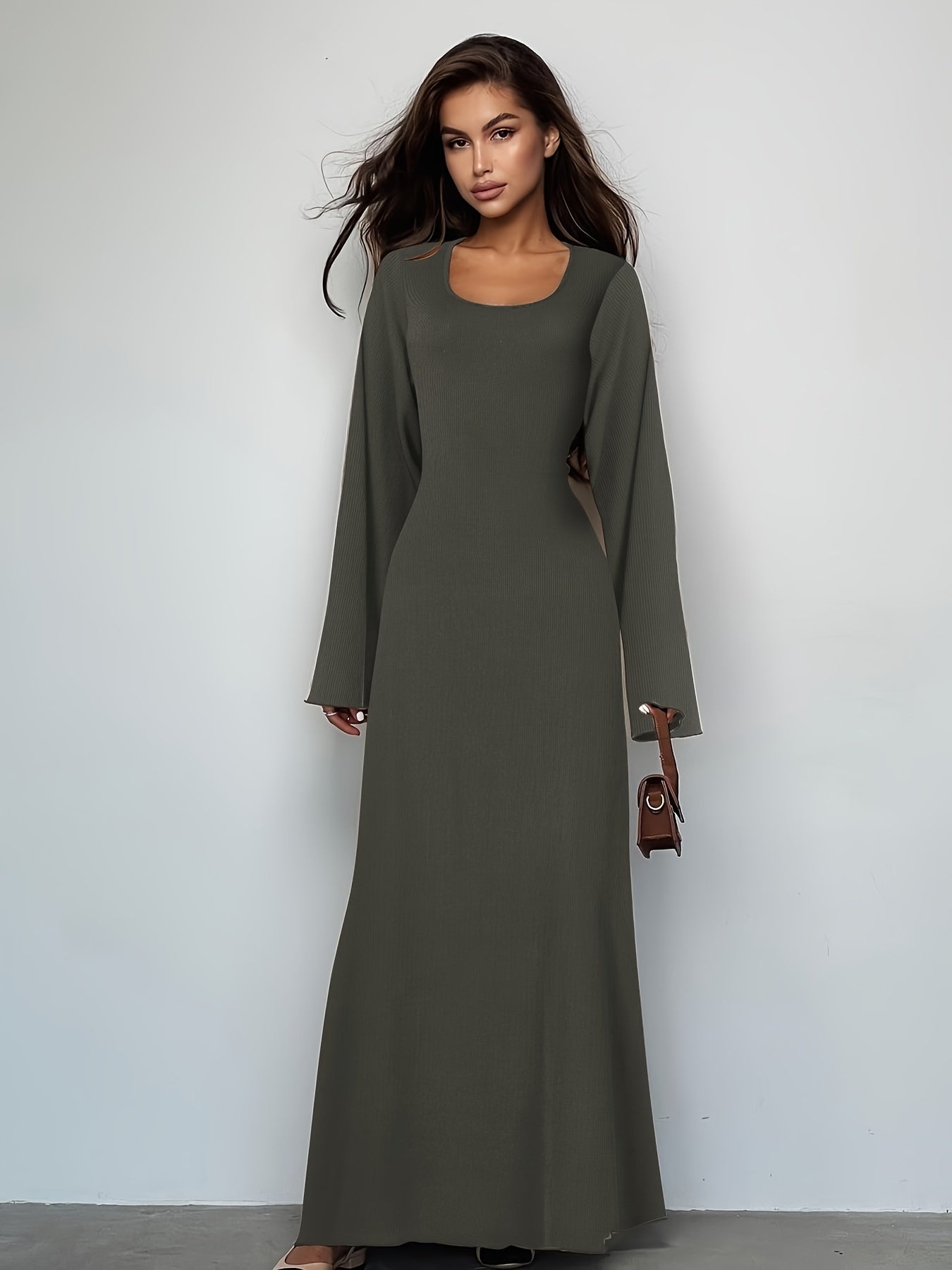 Antmvs Solid Tie Back U Neck Dress, Elegant Long Sleeve Maxi Dress, Women's Clothing