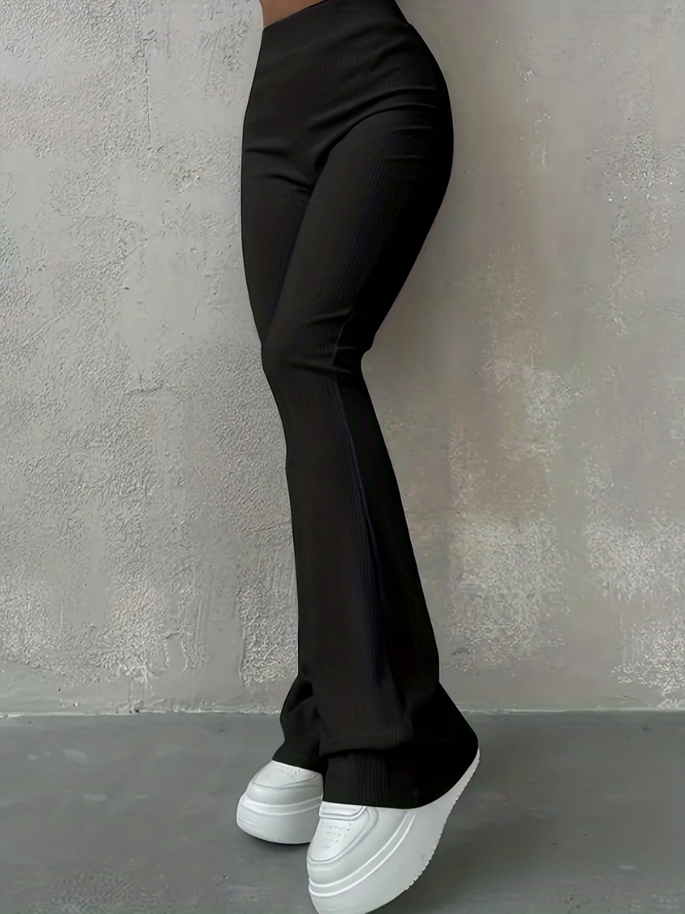 Antmvs Solid Ribbed Flare Leg Pants, High Waist Slim Elastic Pants, Women's Clothing