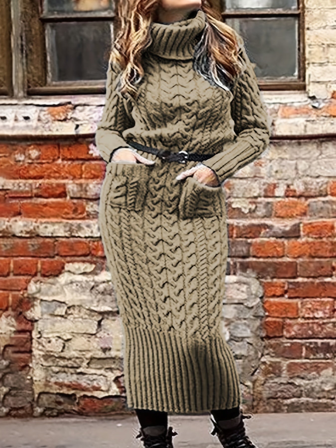 Antmvs Solid Cable Knit Sweater Dress, Casual Turtleneck Long Sleeve Pocket Front Dress, Women's Clothing