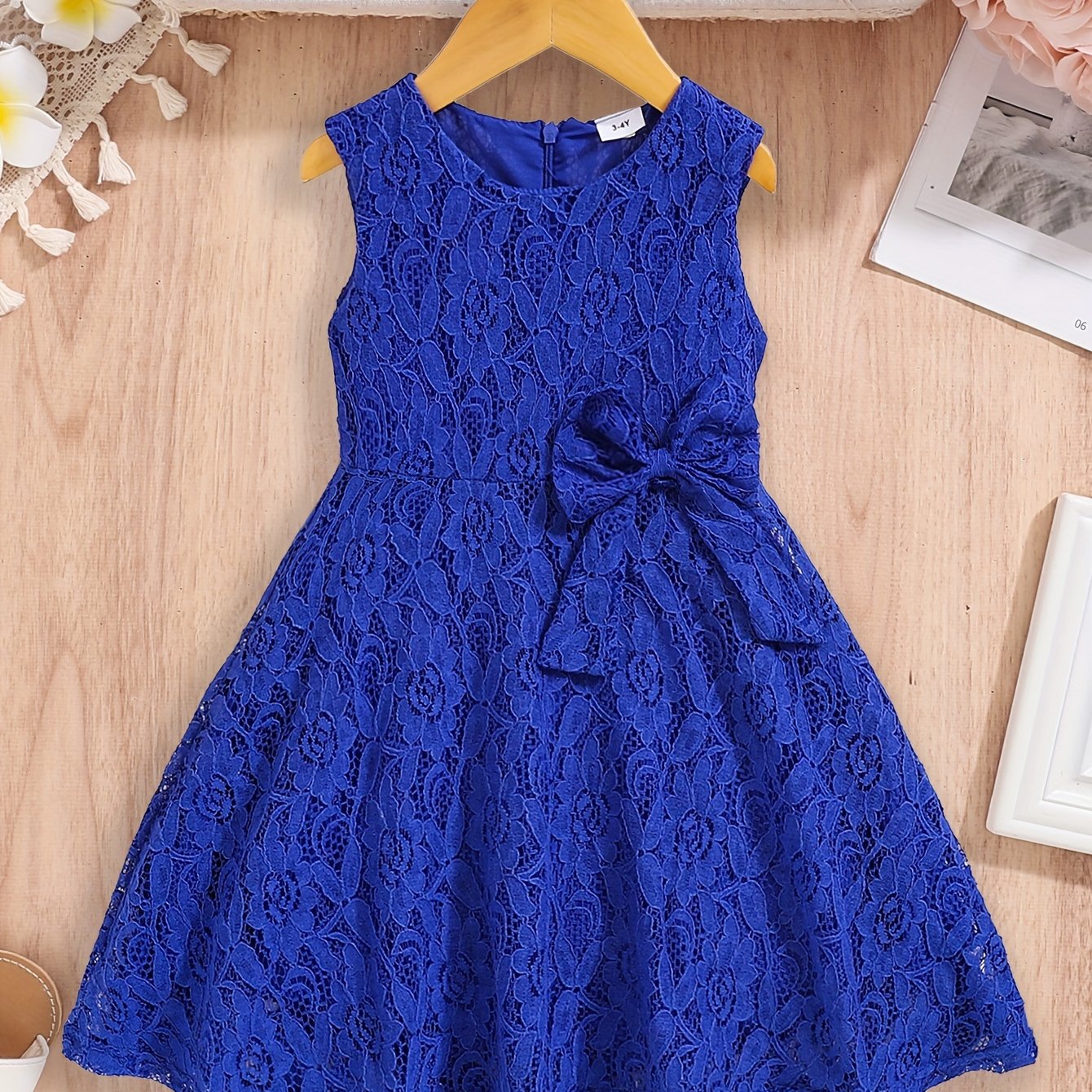 3-10 Years Old Girls Lovely Sleeveless Fit and Flare Lace Party Dress with Bowknot Front - Knee High, Non-Stretch, Solid Color, Casual Style for Summer