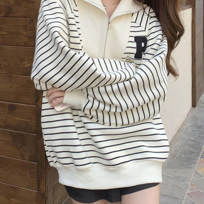 Antmvs Letter Patch Striped Print Sweatshirt, Casual Long Sleeve Quarter Zip Sweatshirt For Fall & Winter, Women's Clothing