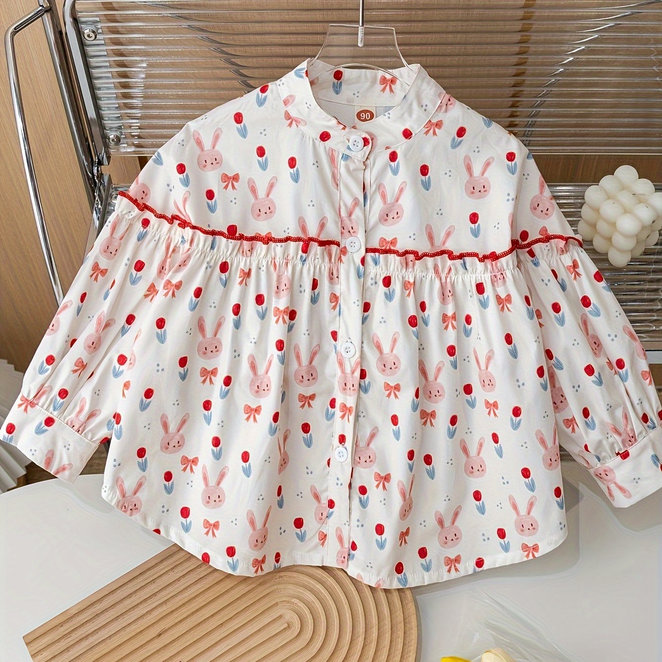 95% Cotton, Girls Cute Bunny Full Print Stand Collar Shirt Long Sleeve Peplum Tops