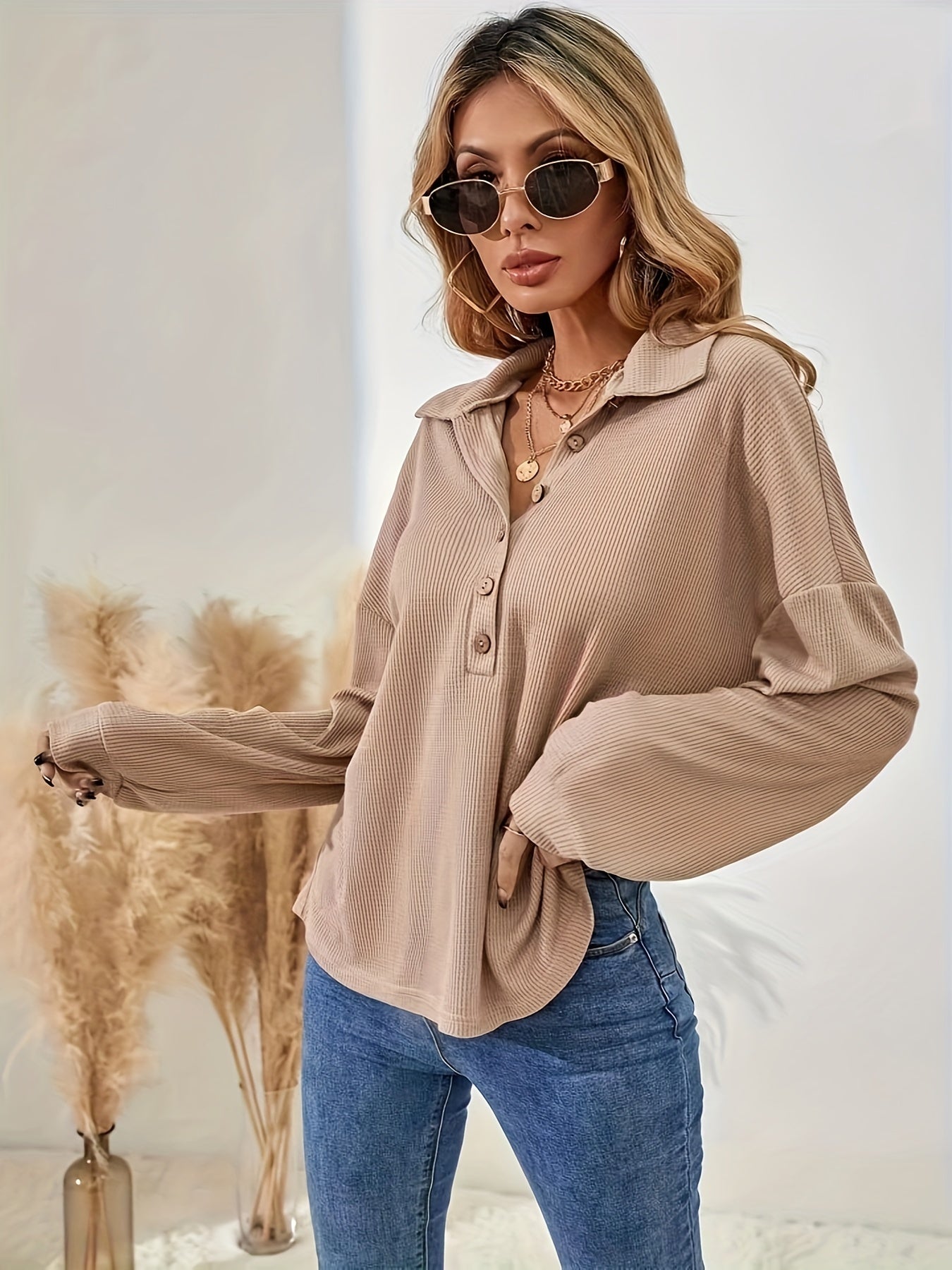 Antmvs Solid Button Front Collared T-Shirt, Casual Long Sleeve Top For Spring & Fall, Women's Clothing