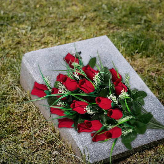 2pcs, Artificial Cemetery Flowers Bouquet With 2 Red Fake Roses For Cemetery Decoration, Outdoor Tomb Arrangement, Silk Funeral Flowers For Cemetery Vases.