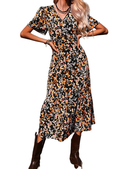 Antmvs Floral Print V Neck Dress, Casual Short Sleeve Ruffle Trim Summer Dress, Women's Clothing