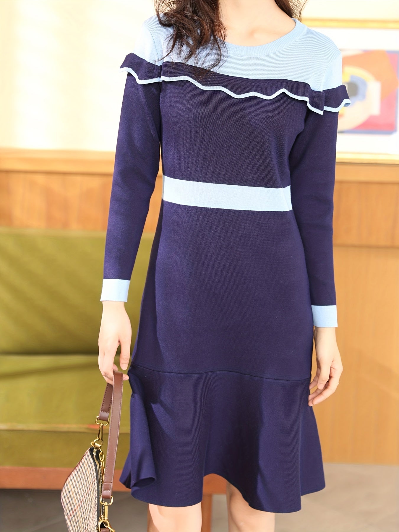 Antmvs Ruffle Trim Color Block Dress, Casual Crew Neck Long Sleeve Dress, Women's Clothing