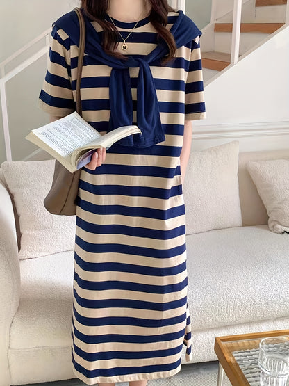 Antmvs Striped Print Crew Neck Dress, Casual Short Sleeve Summer Dress, Women's Clothing