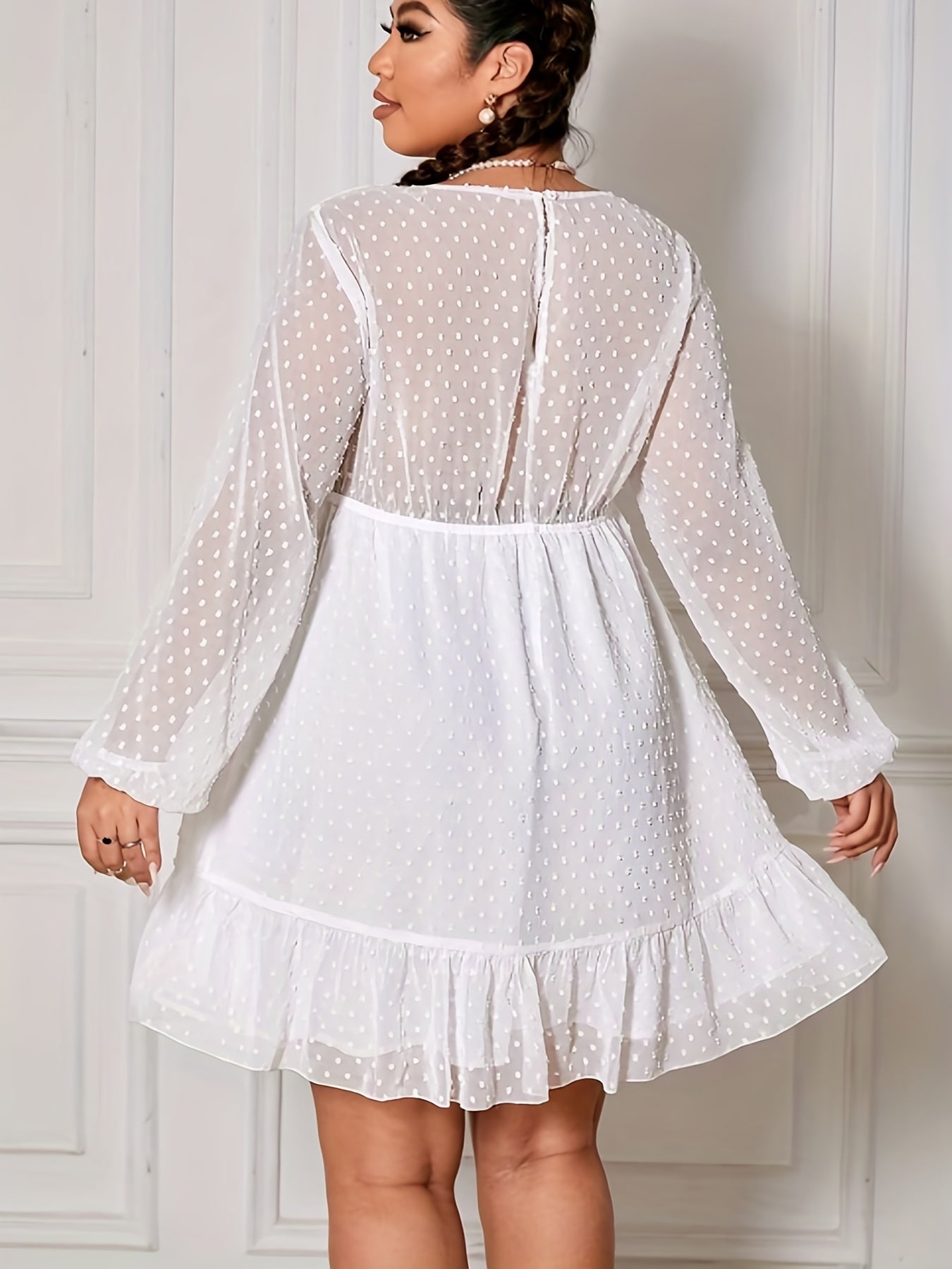 Antmvs Plus Size Romantic Dress, Women's Plus Swiss Dot Mesh Lantern Sleeve V Neck Ruffle Trim Drawstring Mini Dress