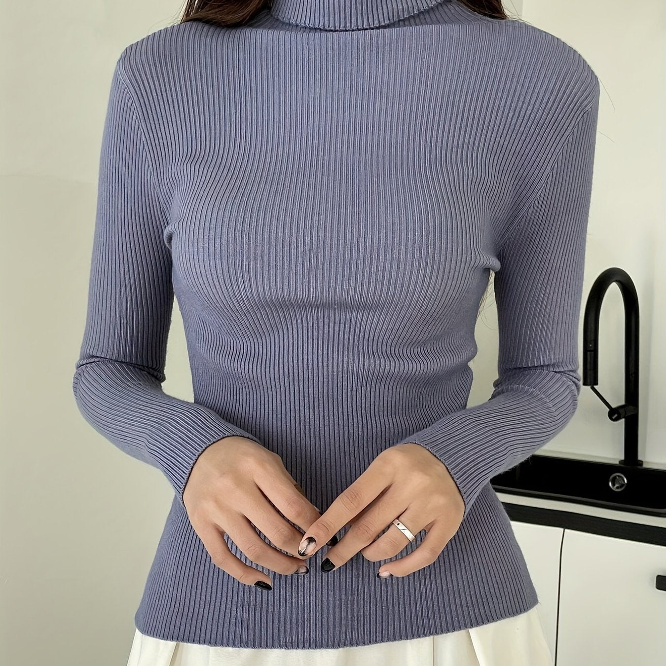 Antmvs Women's Sweater Turtleneck Solid Ribbed Long Sleeve Slim Pullover Knit Tops