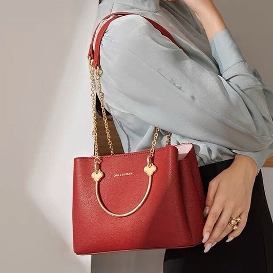 Antmvs Cute Red & Gold Solid Color Minimalist Luxury Genuine Leather Metallic Gold Top Handle Handbag for Women, Shoulder Bag